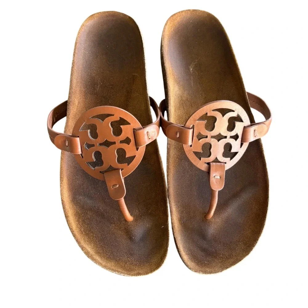 Tory Burch Miller Cloud Sandal 11 Tan Leather EUC Cork Thong Logo